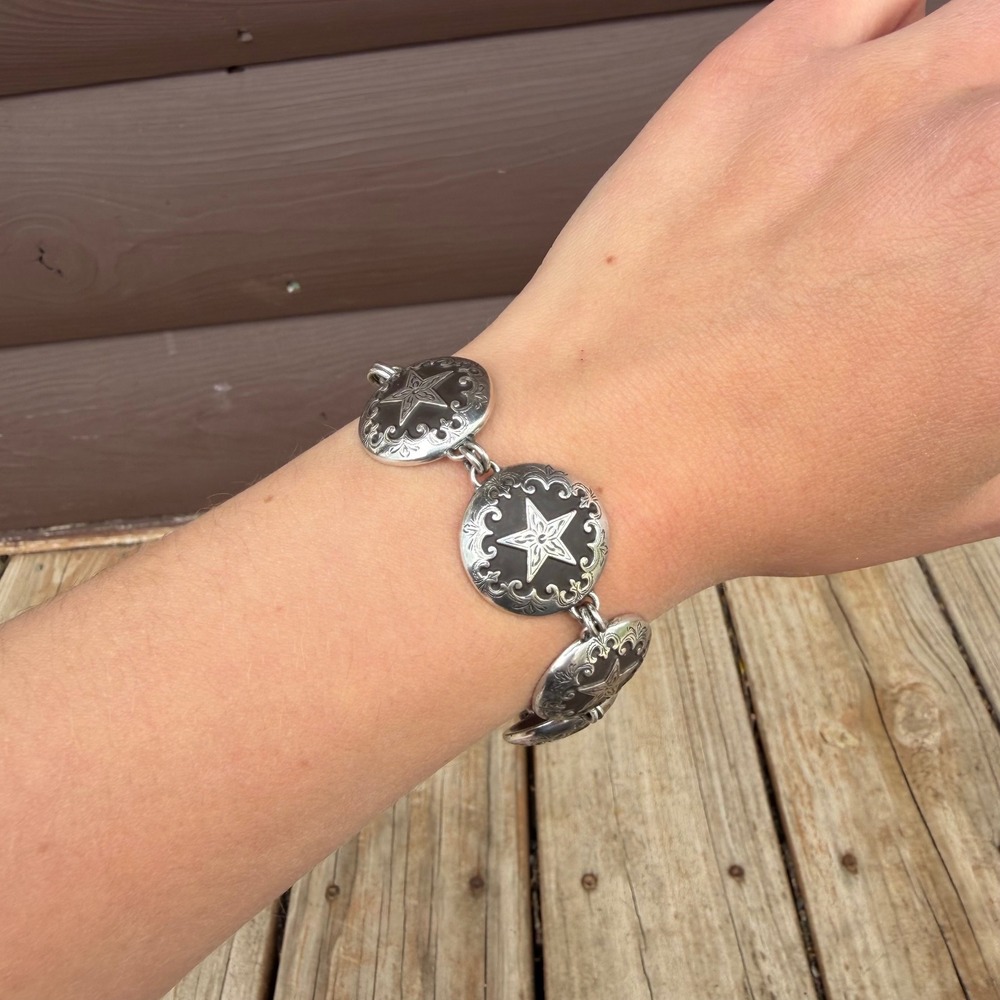 Brighton Vintage Star Concho Link Bracelet Womens Silver Black Western Ornate